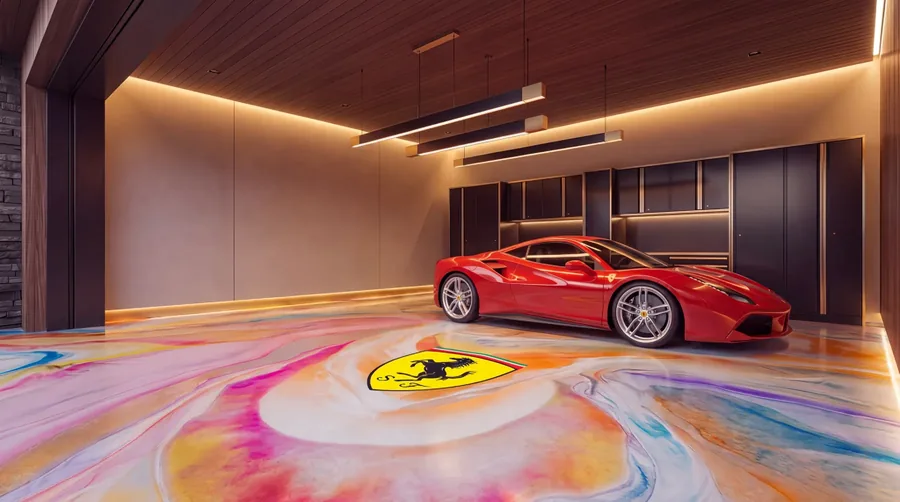 Een glanzende epoxyvloer in een luxe garage met een sportauto erop
