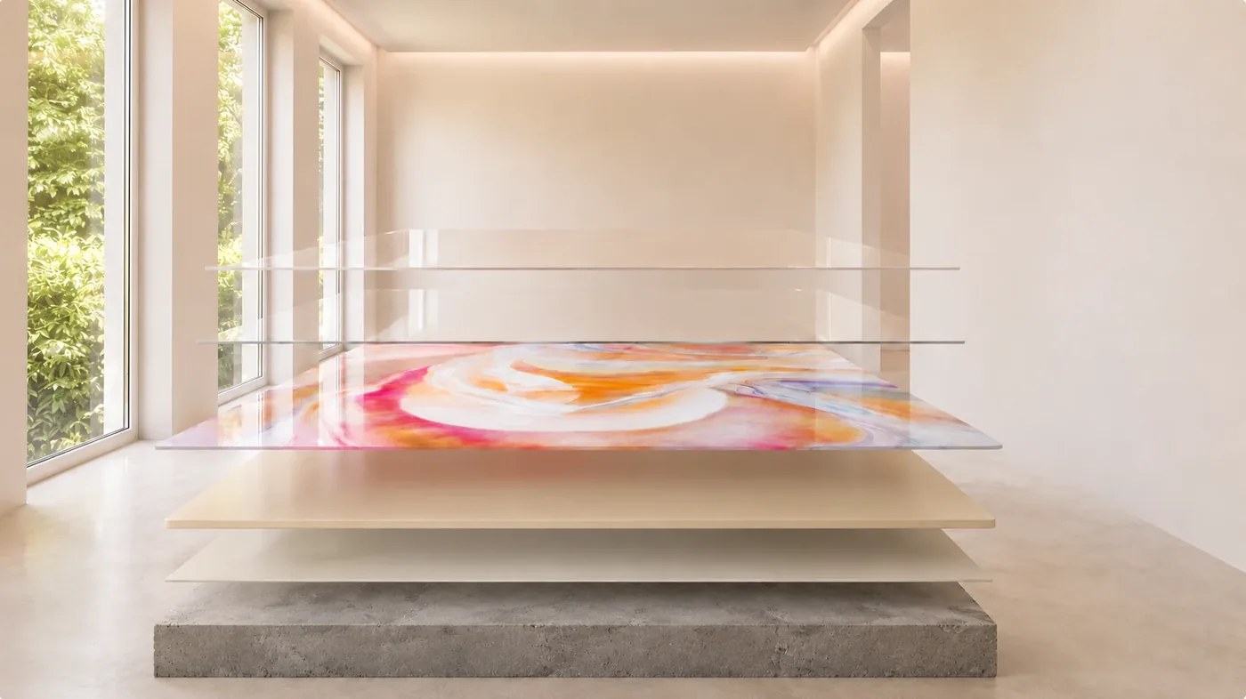 De opbouw van een epoxy gietvloer uit elkaar getrokken: de betonvloer, de primer, de basiscoat, de designlaag met kleur en daarboven twee heldere toplagen