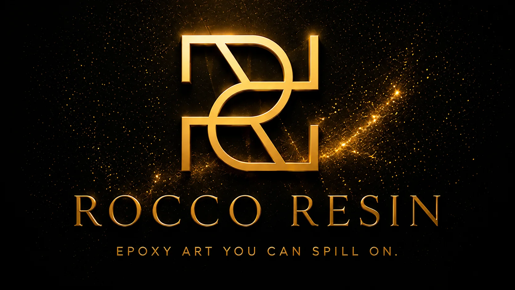 Logo van Rocco Resin in goud op zwart, met de slogan Epoxy art you can spill on