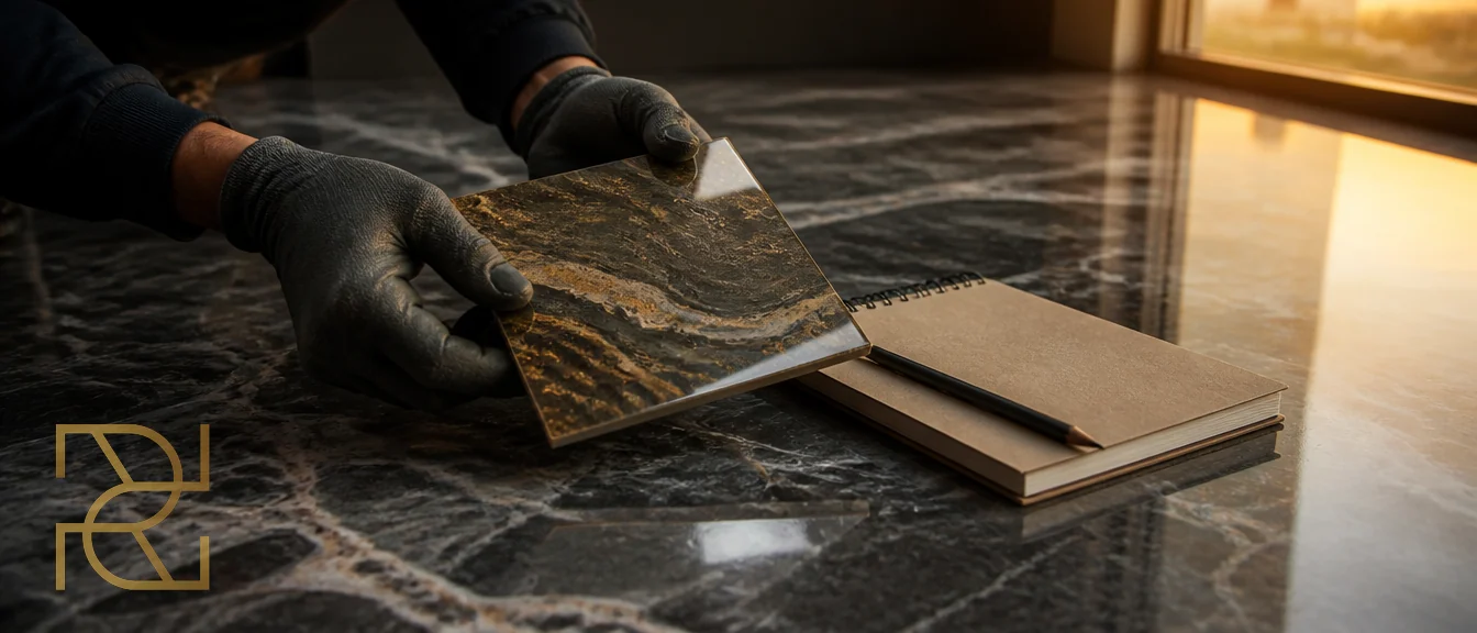 Een vakman houdt een kleurstaal van epoxy vast boven een glanzende marmerlookvloer, met een notitieboek ernaast