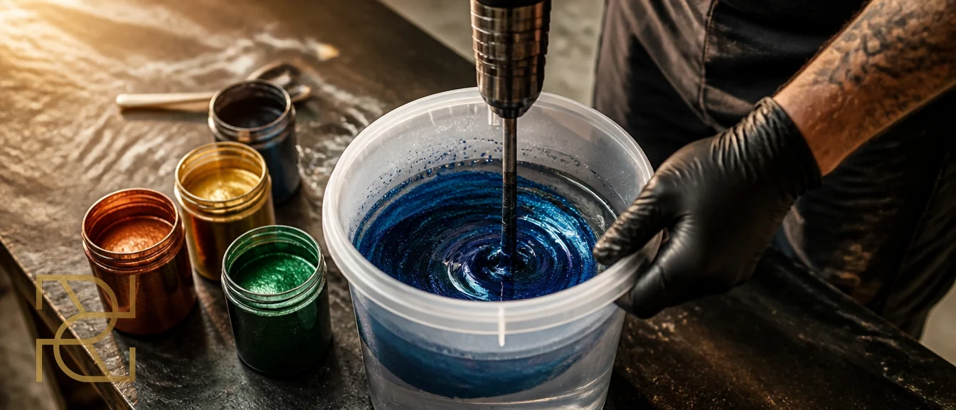 Een vakman mengt diepblauw metallic pigment door heldere epoxyhars, met pigmentpotjes ernaast