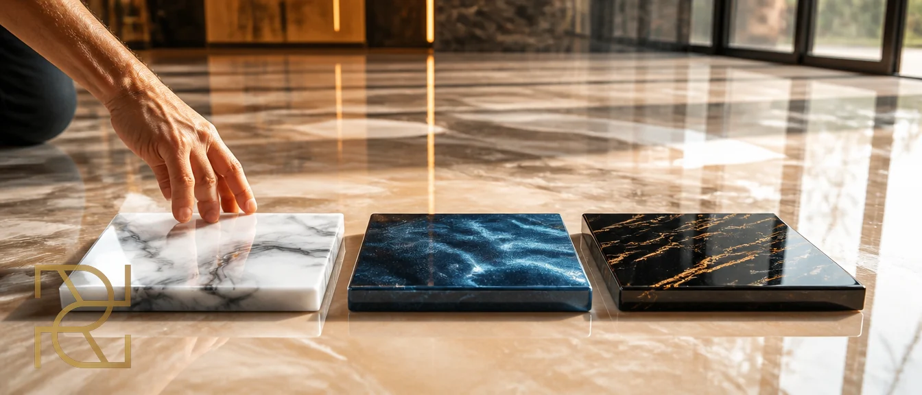 Drie voorbeeldplaten van epoxy in wit marmer, blauw metallic en zwart met goudaders op een afgewerkte vloer