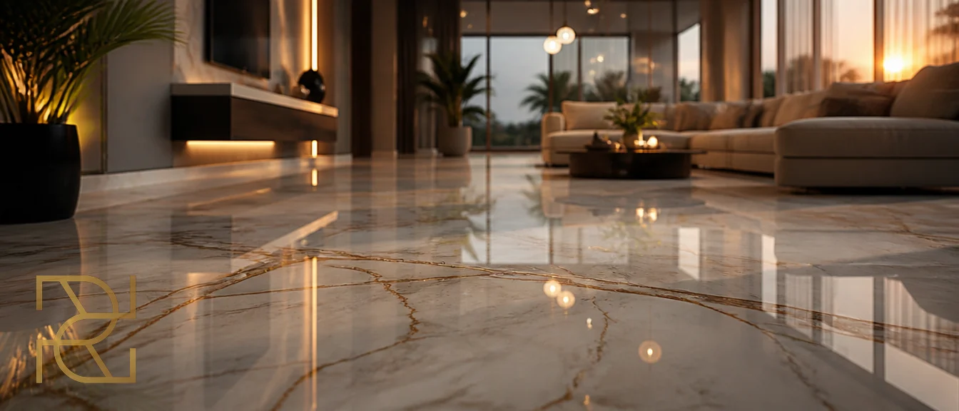 Luxe woonkamer met een naadloze hoogglanzende marmerlook epoxyvloer bij avondlicht