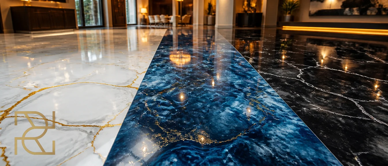 Drie afgewerkte epoxyvloeren naast elkaar: marmerwit met goudaders, blauw metallic en zwart met zilver