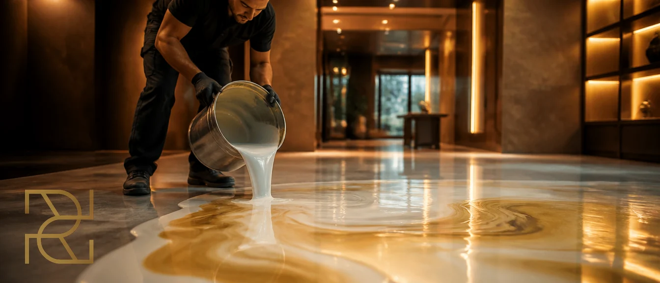 Een vakman giet parelmoerwitte epoxy met goudglans uit op een vloer in een warm interieur