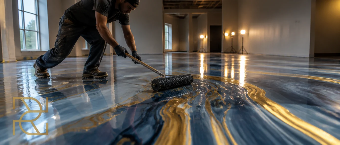 Een vakman verdeelt versgegoten metallic epoxy met een prikroller door een grote ruimte