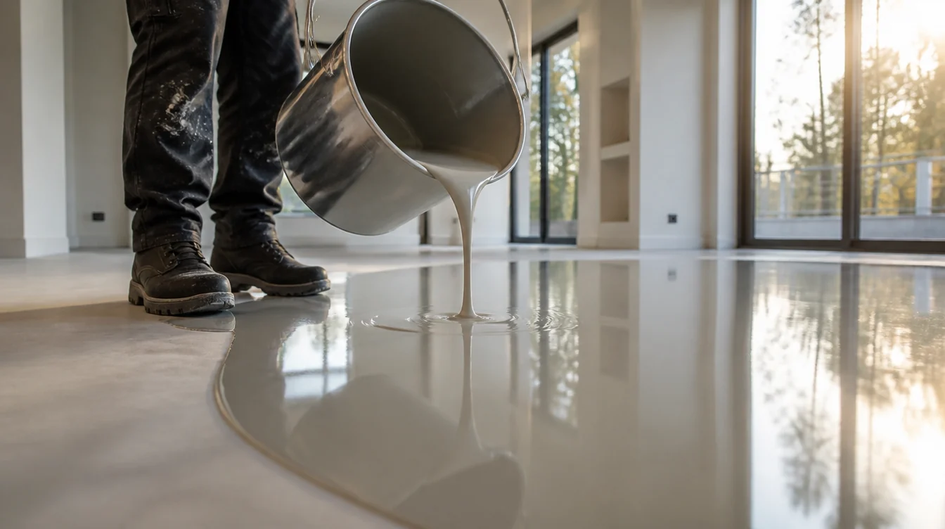 Een vakman giet vloeibare epoxy uit een emmer over de vloer van een lichte woonkamer