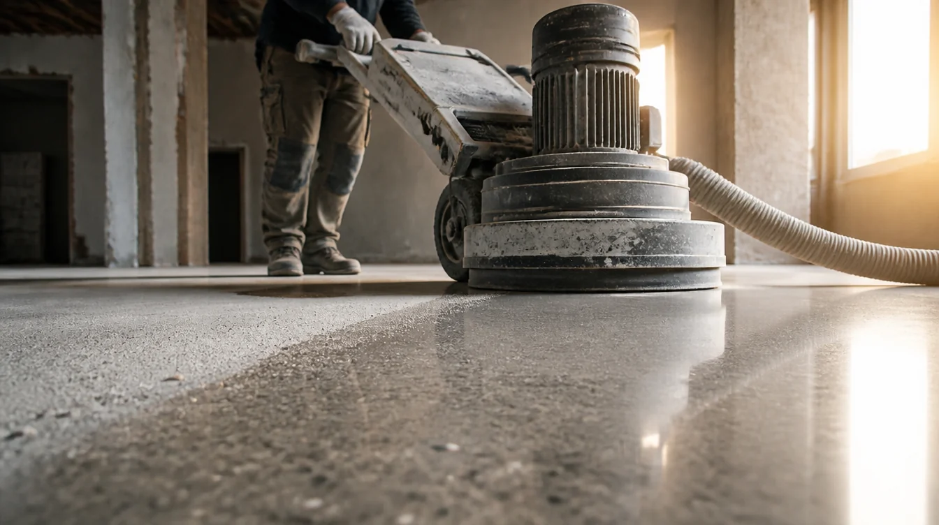 Een betonvloer wordt machinaal geschuurd met stofafzuiging voordat de epoxy erop komt