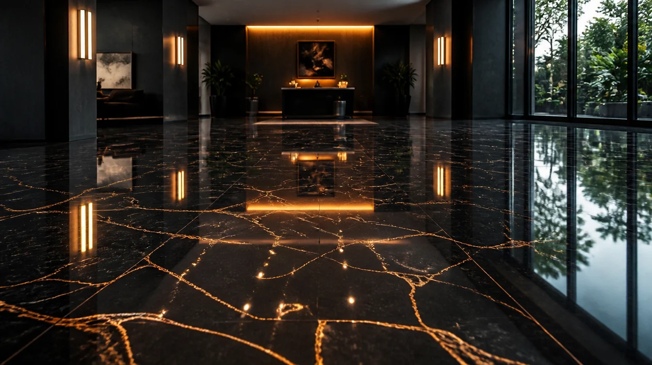 Hoogglanzende zwarte epoxyvloer met gouden aders die de lampen van een modern interieur weerspiegelt