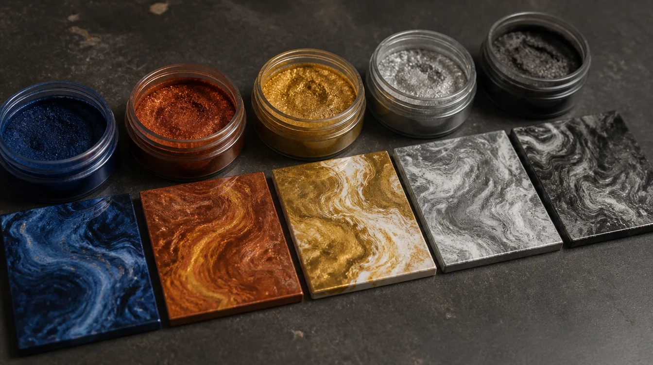 Open potjes metallic pigmentpoeder in blauw, koper, goud en zilver naast vierkante kleurstalen van epoxy