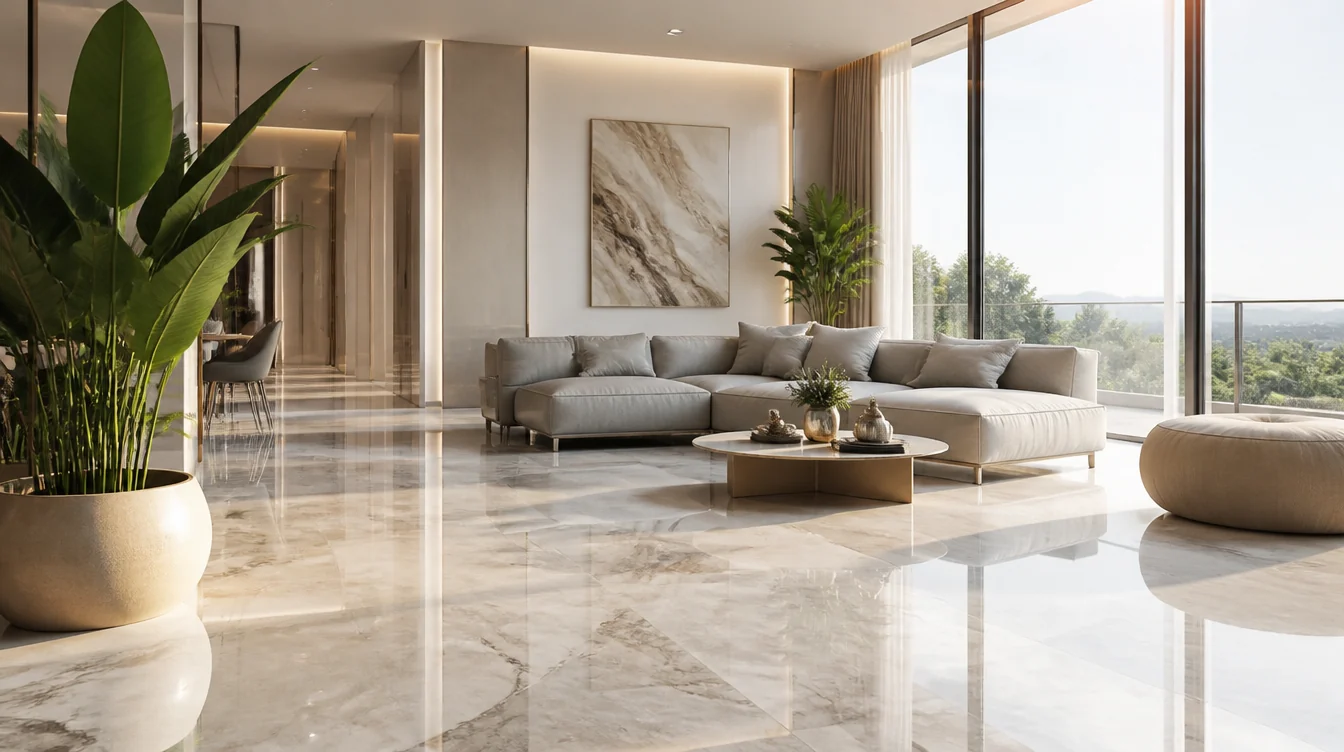 Luxe woonkamer met een naadloze hoogglanzende marmerlook epoxyvloer, grote bank en planten