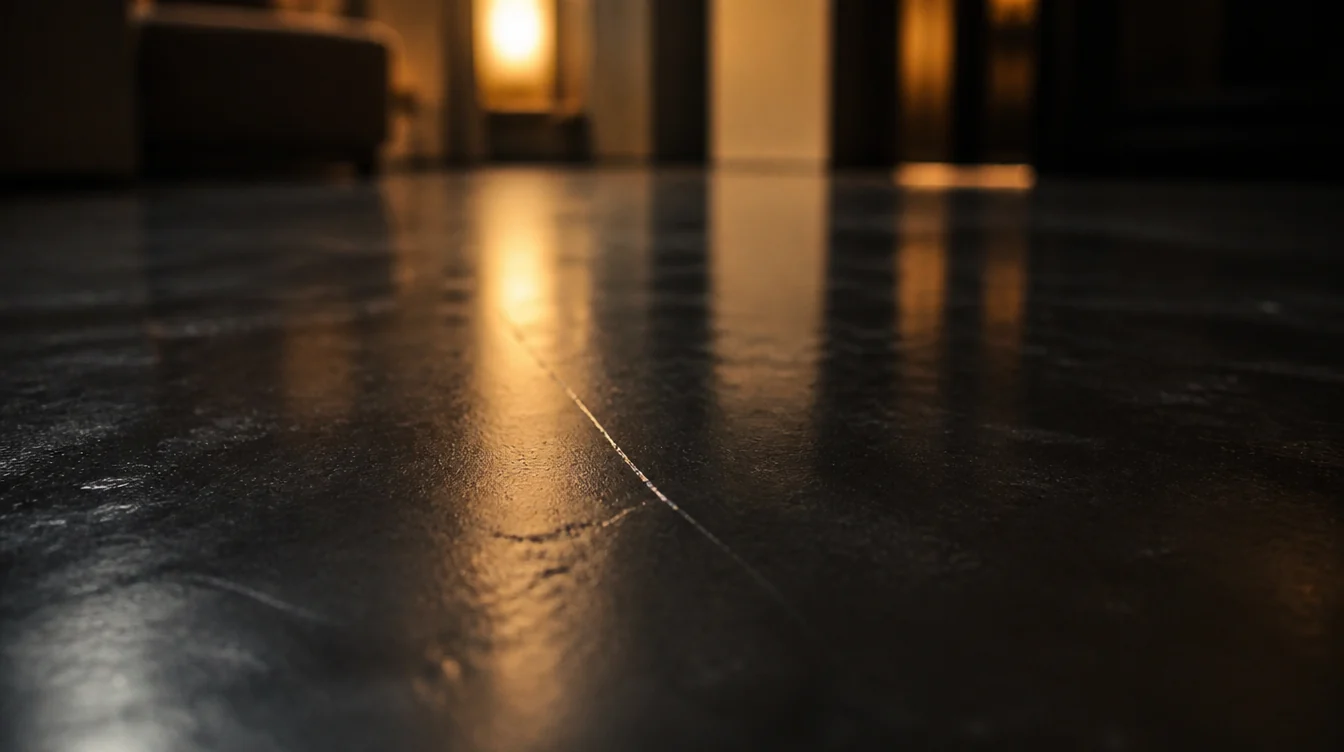 Close-up van een donkere glanzende epoxyvloer met een fijne kras die het licht vangt