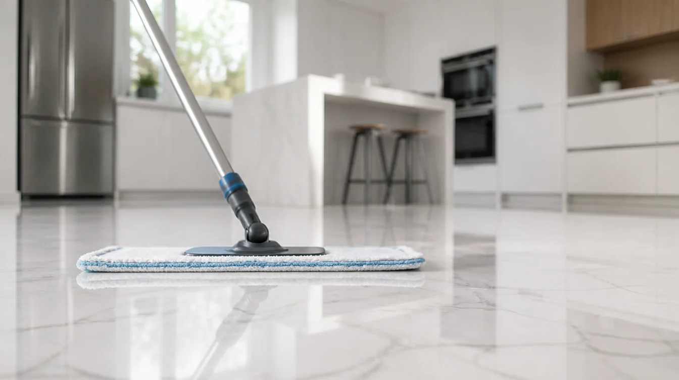 Een vlakke microvezelmop maakt een glanzende witte marmerlook epoxyvloer schoon