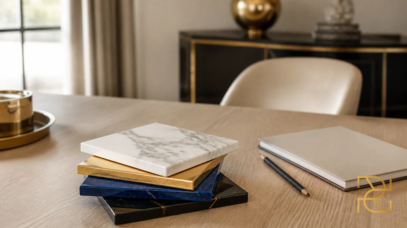 Een stapel vierkante epoxy voorbeeldplaten in marmerwit, goud, blauw en zwart op een eikenhouten tafel, met een notitieboek ernaast