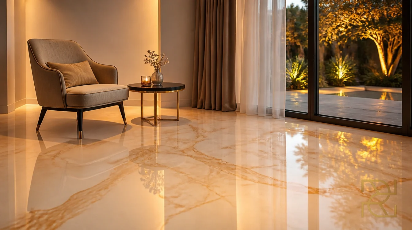 Warme hoek van een moderne villa bij schemering met een parelwitte epoxyvloer, een fauteuil en zicht op de verlichte tuin