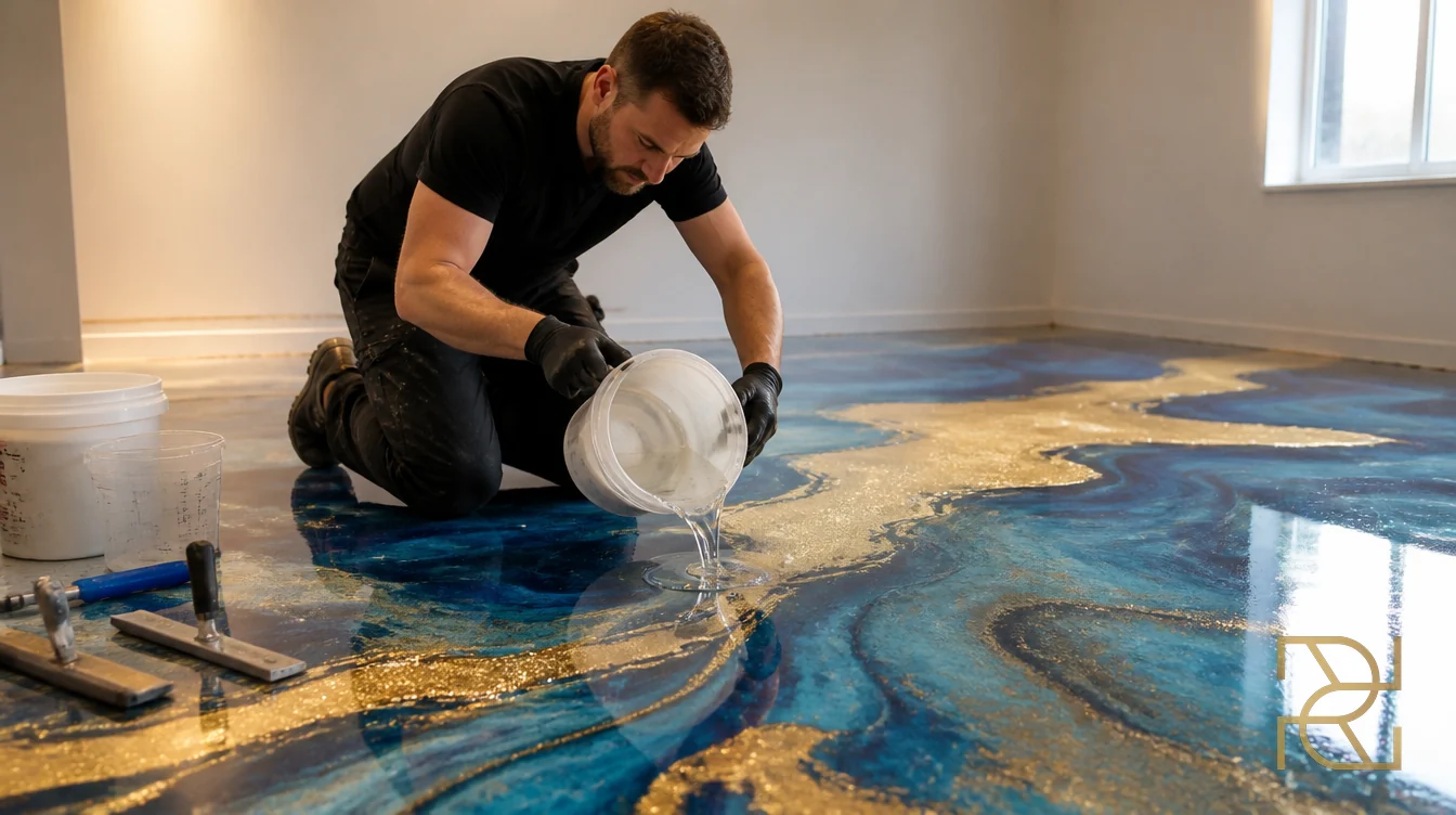Een vakman giet de heldere toplaag over een designlaag in blauw en goud