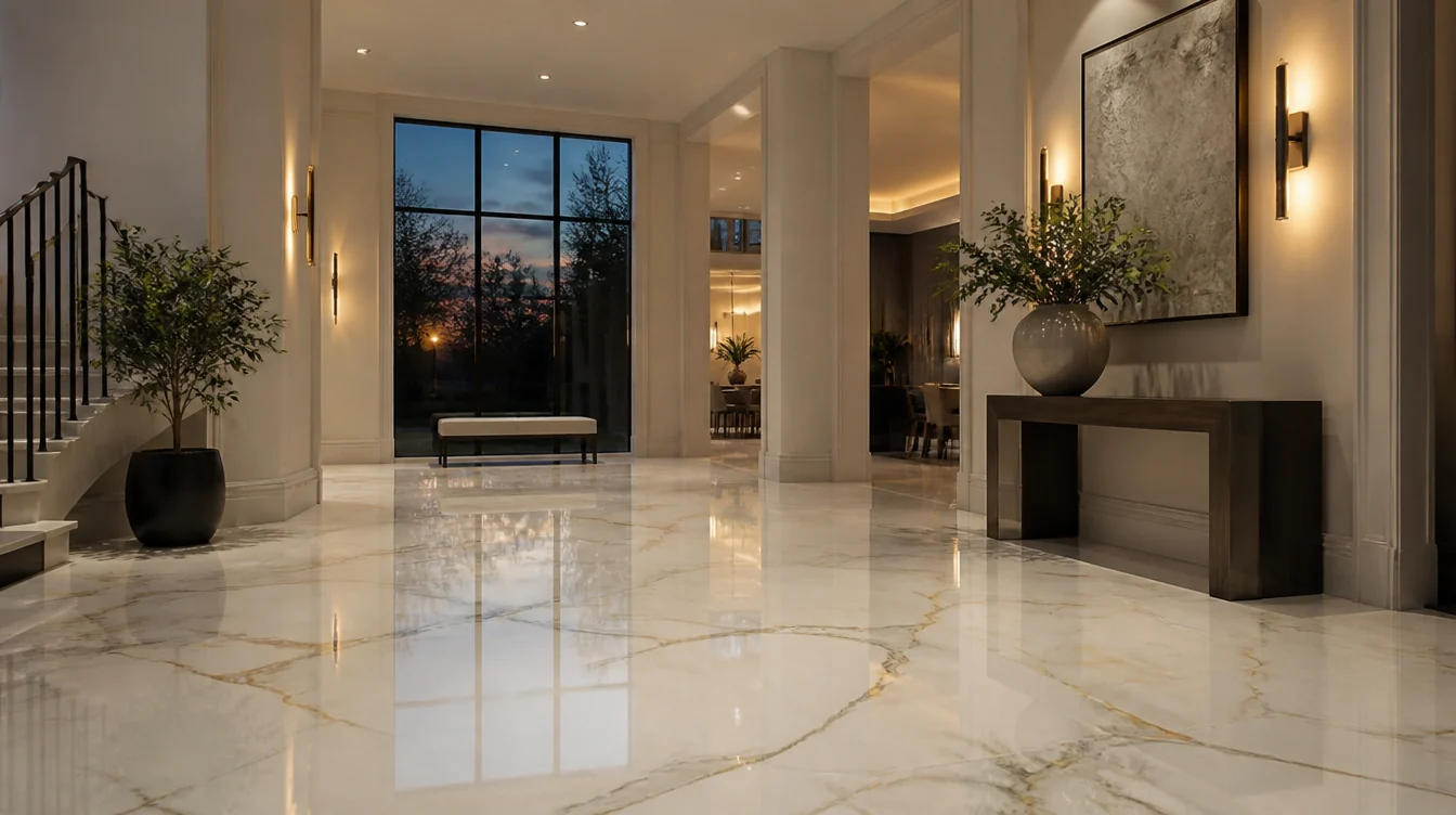 Entreehal van een moderne woning met een witte marmerlook epoxyvloer met gouden aders