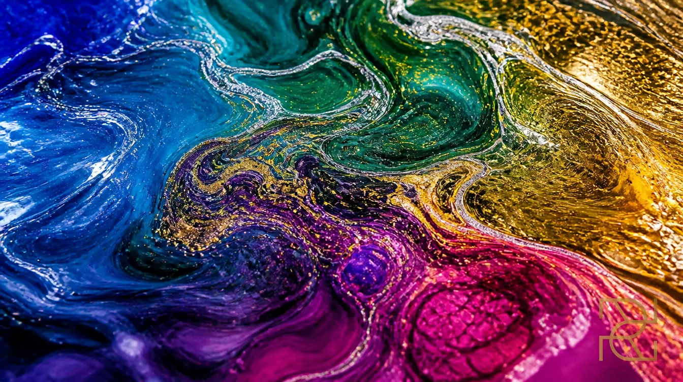 Vloeibare epoxy in beweging: blauw, smaragdgroen, magenta en goud die in elkaar overlopen