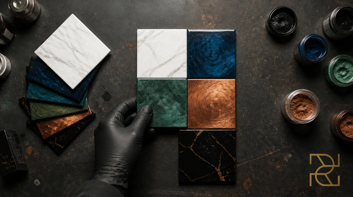 Vierkante kleurstalen van epoxy in marmerwit, blauw metallic, smaragd, koper en zwart met goud worden op een werkbank tot een combinatie gelegd
