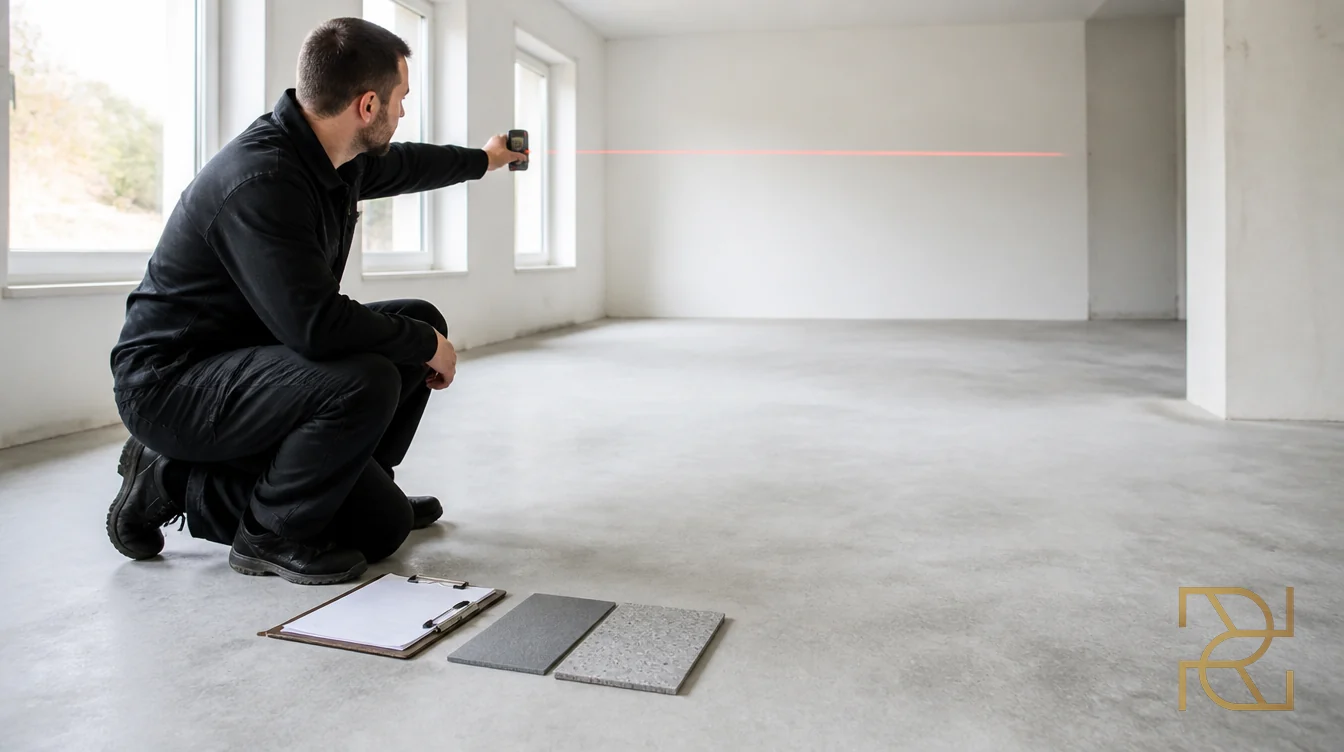 Een vakman meet een lege ruimte op met een laser, met een klembord en twee kleurstalen op de vloer