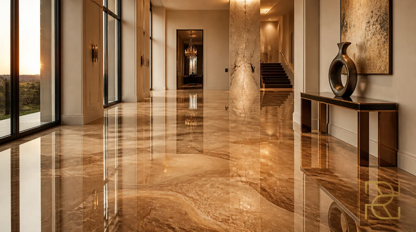 Ruime hal van een villa met een naadloze bronskleurige marmerlook epoxyvloer bij avondlicht