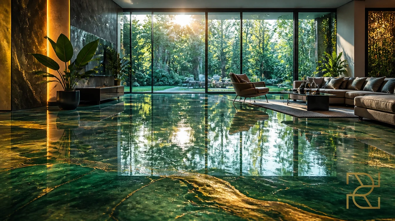 Ruime woonkamer met een epoxyvloer in diep smaragdgroen met goud, met uitzicht op de tuin