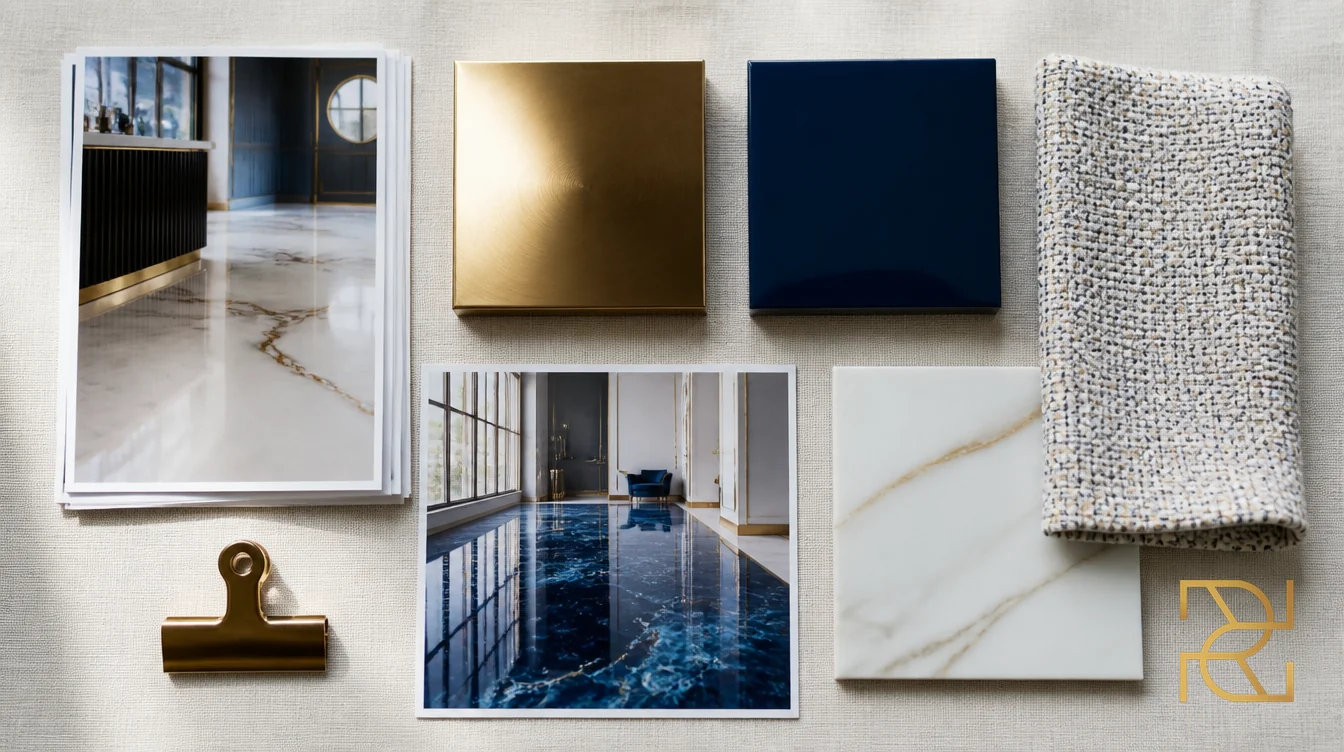 Een moodboard met foto's van epoxyvloeren, kleurstalen in goud en blauw en een stukje stof op linnen