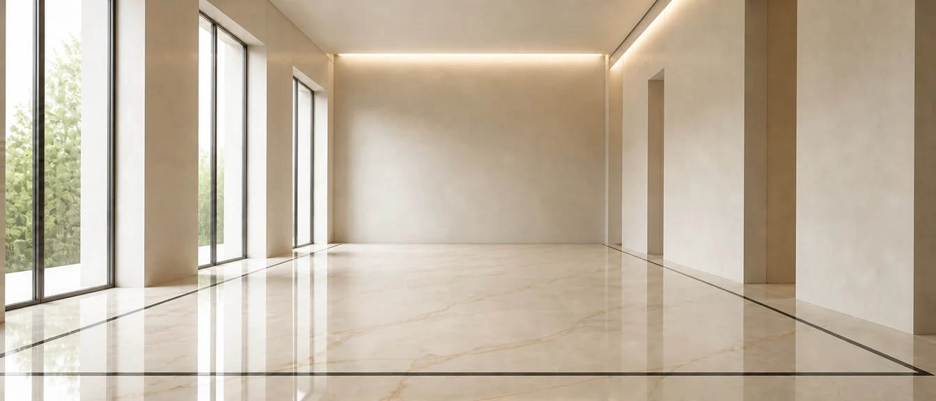 Een modern gebouw met strakke wanden, glas tot aan de vloer en een naadloze gietvloer in ivoor met zachte goudaders en een zwarte lijn langs de wanden