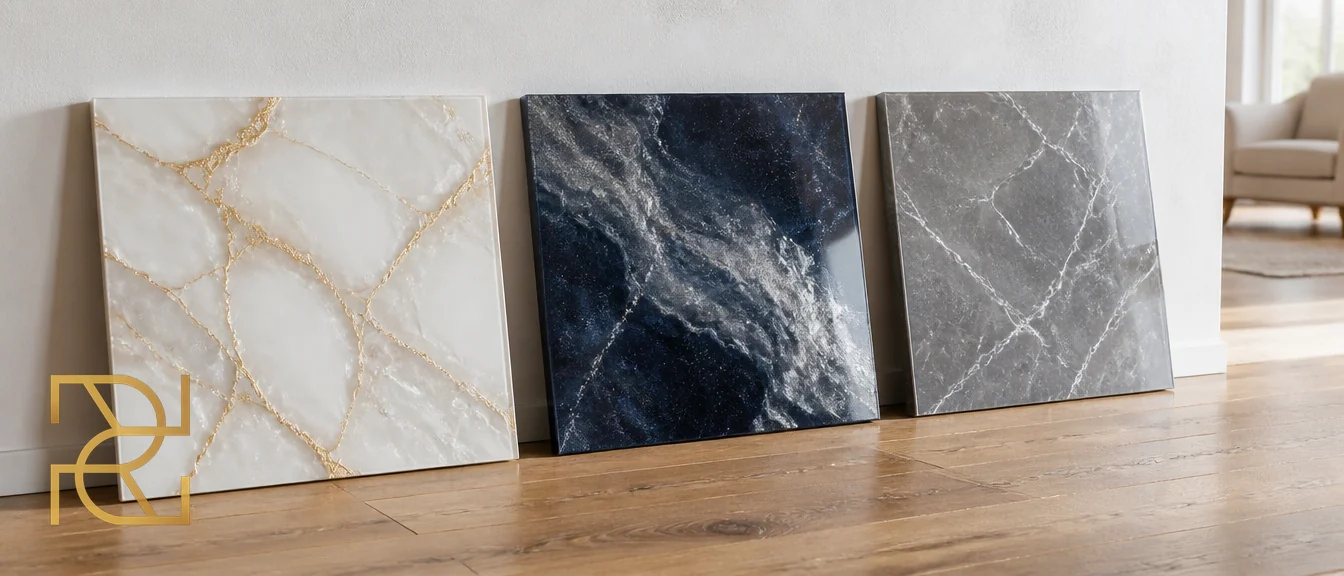 Drie vierkante voorbeeldplaten van epoxy tegen een lichte muur: marmerwit met goudaders, blauw metallic en warm grijs