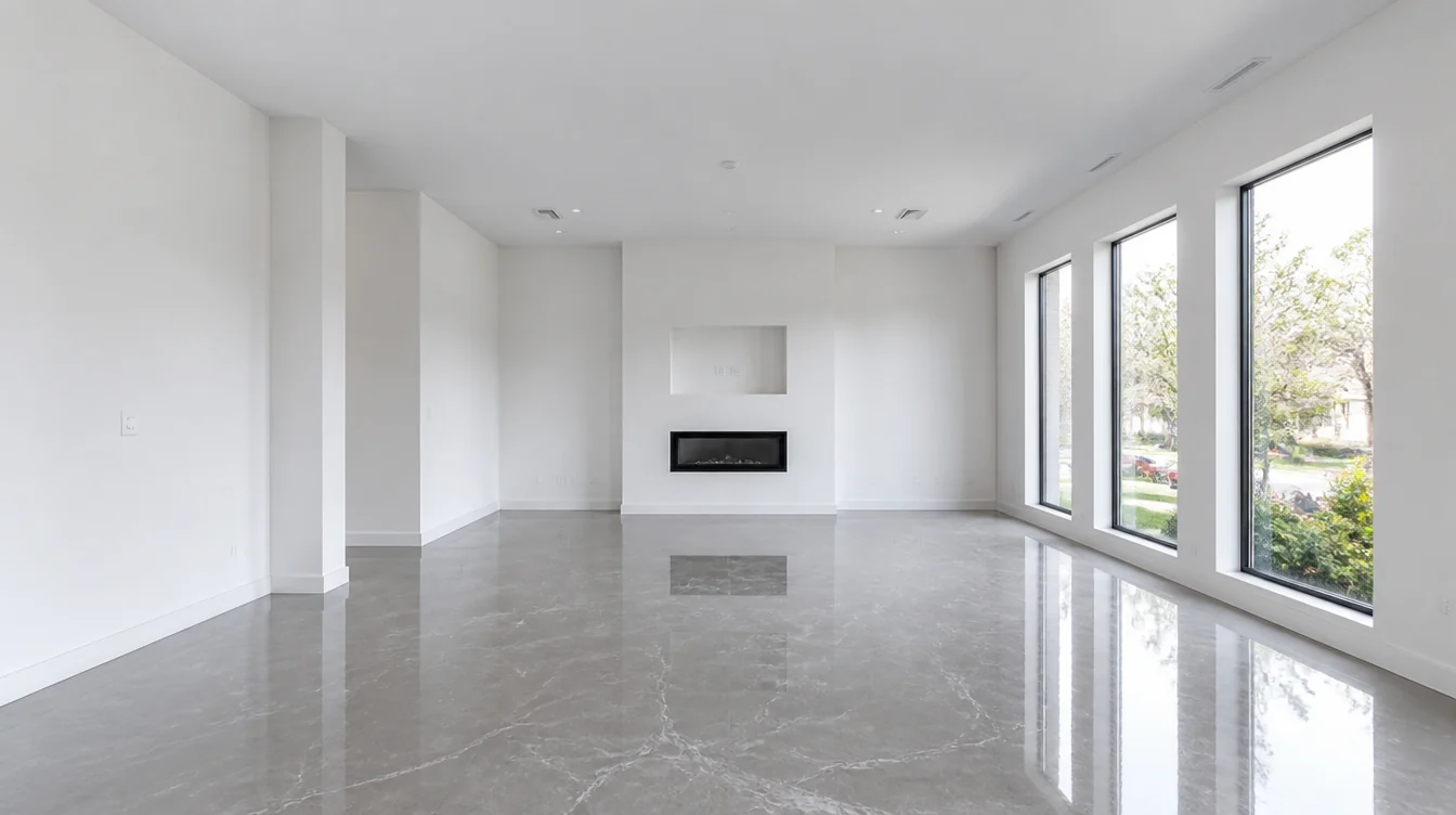 Dezelfde woonkamer met een spiegelende epoxy gietvloer in warm grijs met witte marmeraders