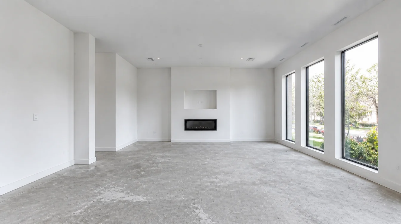 Een lege woonkamer met een kale, vlekkerige betonvloer voordat de gietvloer wordt gelegd